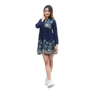 Blue Color Cotton Collar Neck Full Sleeve Floral Printed Dress For Women