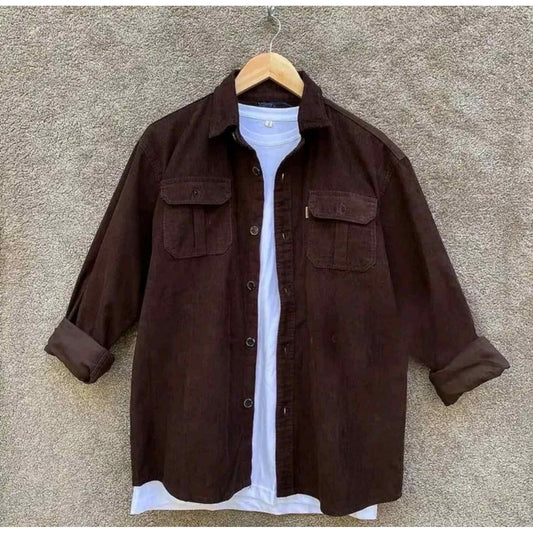 Coffee Corduroy Shirts for Men Button Down Long Sleeve Ribbed Fall Tops Slim Fit Casual Warm Shirt Jacket