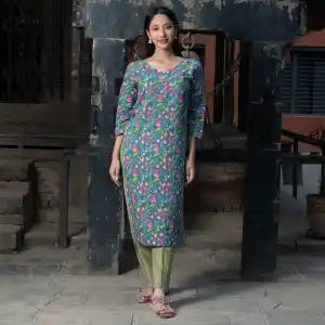 Bisesh Creation Seagreen Jaipuri Prosian Rayon Floral Printed Kurta Set For Women - Fashion | Kurta For Women