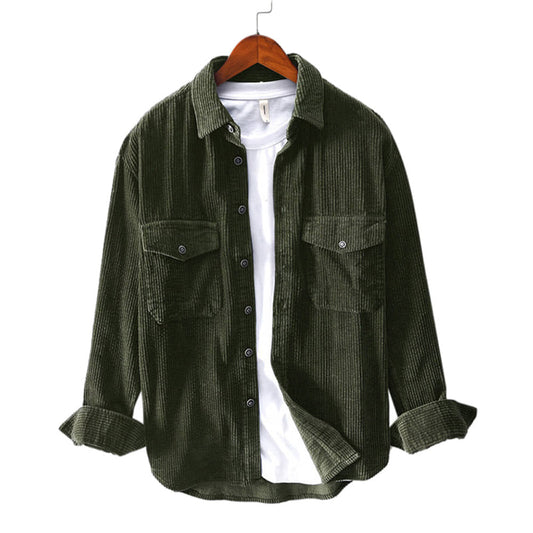 Green Corduroy Shirts for Men Button Down Long Sleeve Ribbed Fall Tops Slim Fit Casual Warm Shirt Jacket
