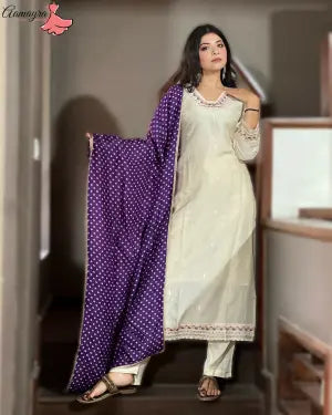 Aamayra Fashion House Off-White Coloured Straight Kurti With Pant And Purple Shawl Set For Women