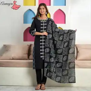 Aamayra Fashion House Black Straight Kurti With Black Pant And Shawl Set For Women