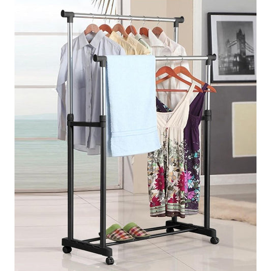 Double Clothes Hanger Stainless Steel Drying Rack Stand Organizer Adjustable Coat Rack With Wheels
