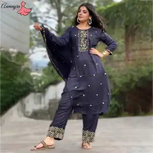 Aamayra Fashion House Navy Blue Straight Kurta With Pant And Shawl Set