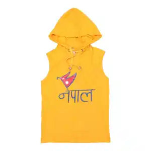 Yellow Nepal Printed Sleeveless Summer Hoodie For Kids