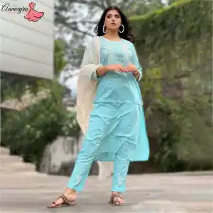 Aamayra Fashion House Blue Straight Kurti With Pant And Shawl Set For Women