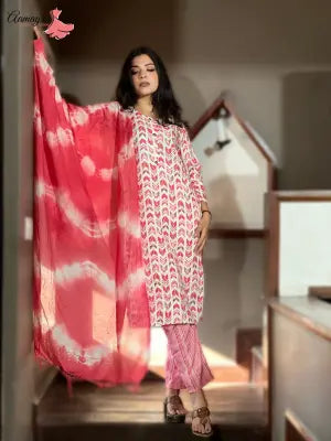 Aamayra Fashion House Pink Colour Printed White Kurti With Pant And Shawl Set For Women