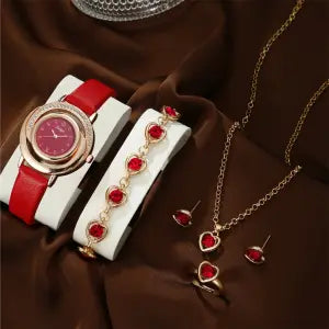 Enacolor 6Pcs New Zircon Crystal Leather Female Earrings Necklaces Rings Bracelet Bangles Quartz Watches Set Business Casual Accessories 2024