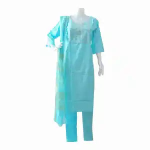 Light Blue Color Pointed Neck Quarter Sleeves Straight Kurta With Pant And Shawl Set For Women