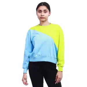 Blue/Yellow Cotton Terry Round Neck Full Sleeves Sweatshirt For Women