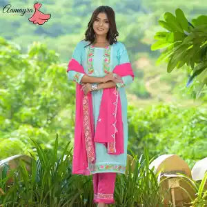 Aamayra Fashion House Sky Blue Straight Kurti With Pink Pant And Shawl Set For Women
