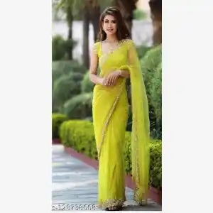 Silver Parrot Embroidered Net Saree with Unstitched Blouse