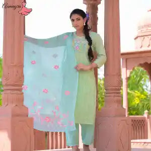 Aamayra Fashion House Green Straight Kurti With Baby Blue Pant And Shawl Set For Women
