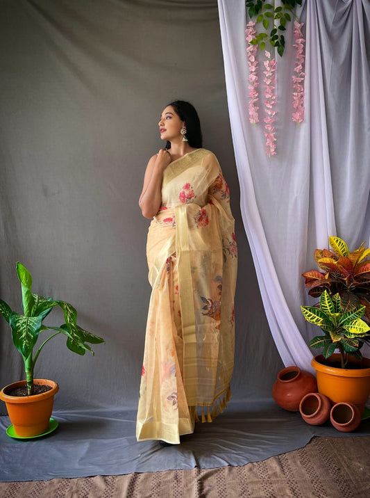 Yellow Organza Floral Printed Sarees With Elegant Zari Weaving Rich Pallu And Jacquard Weaving Border Paired With Printed Banglori Silk Blouse