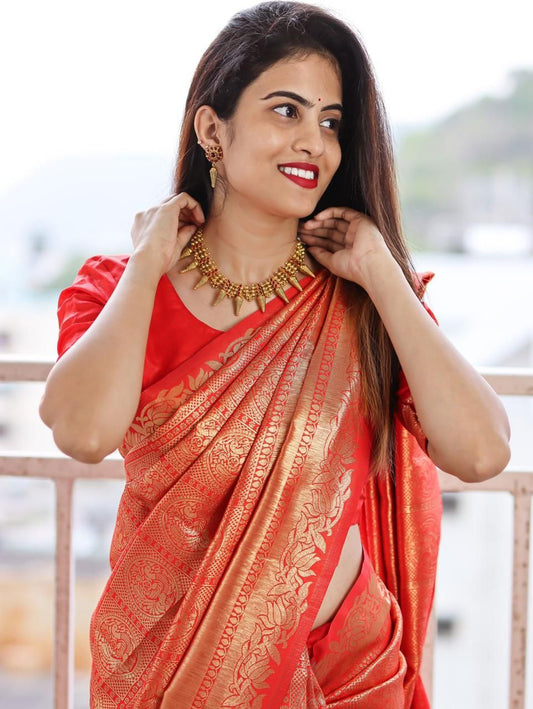 Pure Red Color Designer Original Golden Zari Weaving Pure Banarasi Soft Silk Saree