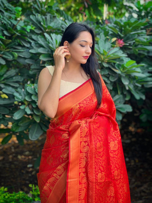 Red Color Designer Bridal Kanjeevaram Silk Saree Is Loaded With Zari Work