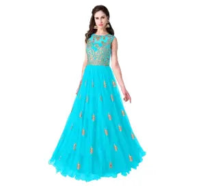 Semi Stitched Net Fabric Embroidered Gown ( Sky Blue)