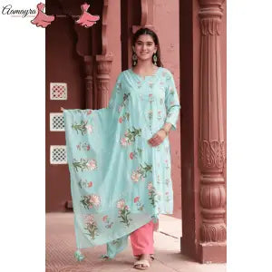 Aamayra Fashion House Sea Blue Flower Printed Kurti With Pink Pant And Shawl Set For Women