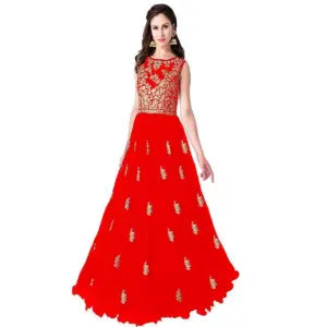 Embroidered Net Semi-Stitched Flared Gown ( Red )