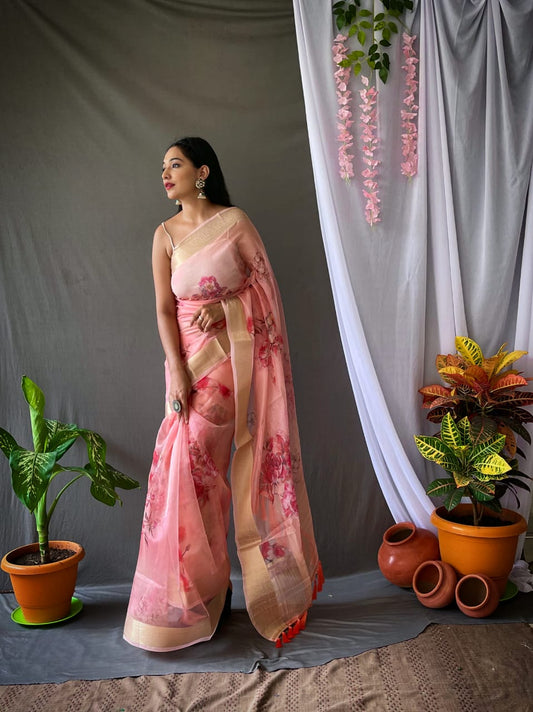Pink Organza Floral Printed Sarees With Elegant Zari Weaving Rich Pallu And Jacquard Weaving Border Paired With Printed Banglori Silk Blouse