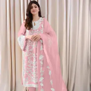 Pink Flower Printed Kurta With Pant And Shawl Set - Fashion | Kurtha Suruwal Set For Women | Women'S Wear