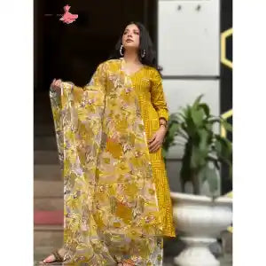 Aamayra Fashion House Mustard Yellow Aliya Cut Kurti With Pant And Shawl Set For Women