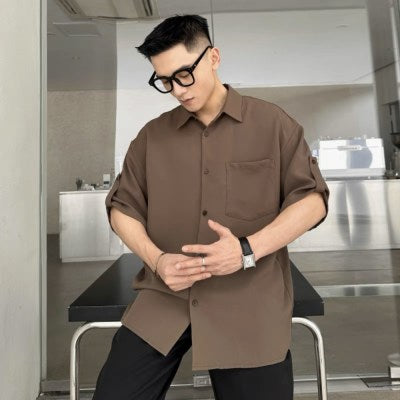 Basic Plain Elegant Business Style Half Shirt " Brown "