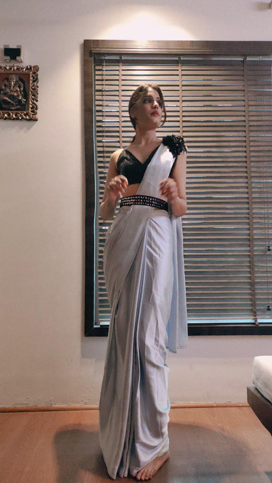 Grey Color Premium Silk , Full Stitch Ready to wear With Premium Belt With Gotta Mirror Saree Collection For Women