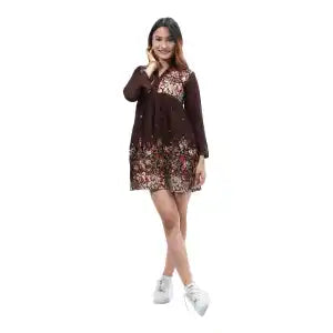 Brown Cotton Collar Neck Full Sleeve Floral Printed Dress For Women