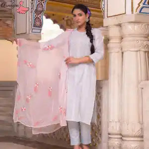 Aamayra Fashion House Light Blue Straight Kurti With Pant And Light Pink Shawl Set For Women