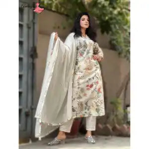 Aamayra Fashion House Off-White Flower Printed A'cut Kurti With Pant And Shawl Set For Women