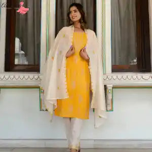 Aamayra Fashion House Mustard Yellow Straight Kurti With Off-White Pant And Shawl Set For Women