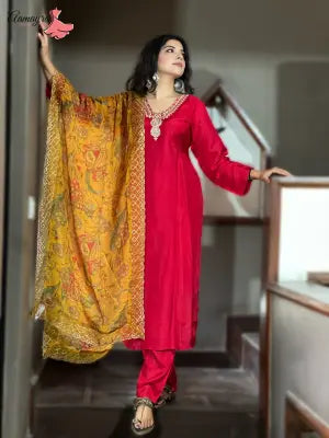 Aamayra Fashion House Red Coloured Straight Kurti With Pant And Shawl Set For Women