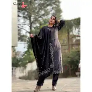 Aamayra Fashion House Black Velvet Kurti With Pant And Shawl Set For Women