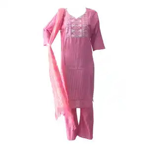 Pink Color Pointed Neck Quarter Sleeves Straight Kurta With Pant And Shawl Set For Women
