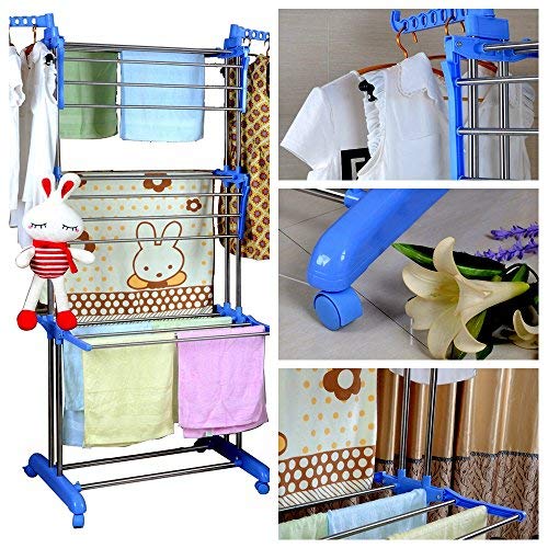Foldable Clothes Laundry Drying Rack With Fordable Wings Shape Standing Airfoil-style Rack Hanging Rods,3 Layer & Four 360 Degree Wheels