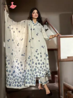 Aamayra Fashion House Blue Flower Printed Off-White Coloured Semi Umbrella With Pant And Shawl Set For Women