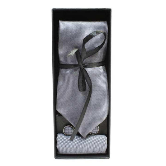 Grey Solid Checkered Tie Set (Cufflinks + Pocket Square)