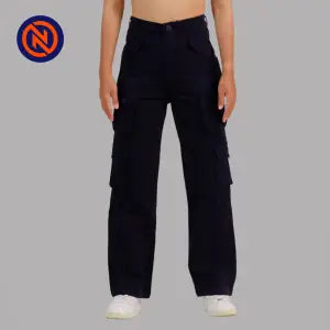 Nepster Navy Blue High Rise Premium Straight Cotton Cargo Box Pants For Women