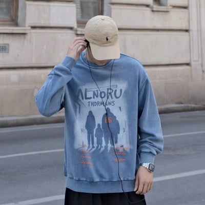 Cw3002 Alnoru Printed Over Size Vintage Sweatshirt “ Blue “