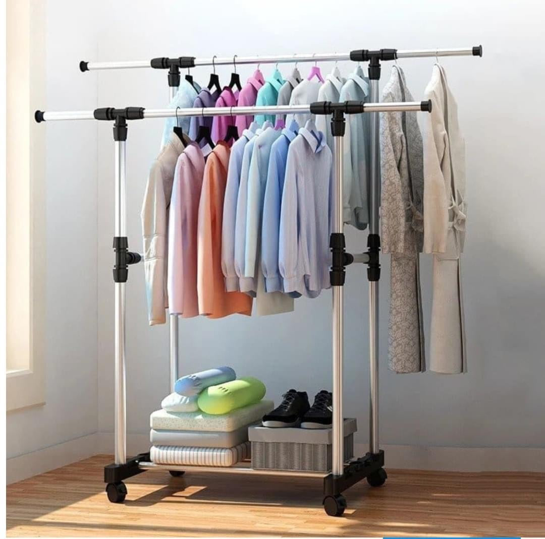 Double Telescopic Pole Stainless Steel Cloth Hanger Stand