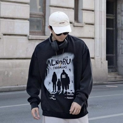 Cw3002 Alnoru Printed Over Size Vintage Sweatshirt “ Dark Grey “