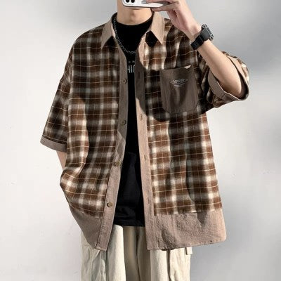 Cy50 Flannel Toned Over Size Half Shirt “ Brown “