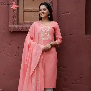 Aamayra Fashion House Peach Straight Kurti For Women With Blue Pant And Shawl Set
