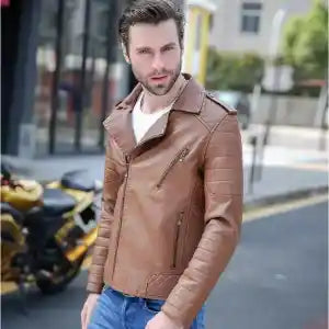 Brown Zipped Faux Leather Biker Jacket For Men
