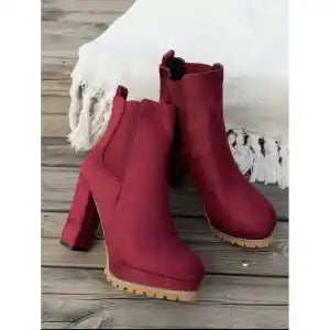 Red Chunky Heel Waterproof Platform Chelsea Short Boots For Women