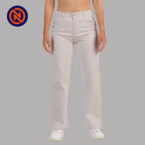 Nepster Beige High Rise Stretchable Premium Straight Cotton Pants For Women