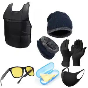 6 In 1 Men Essential Winter Combo Set Of Chest Guard Woolen Topi Neck Warmer Windproof Gloves Night Vision Glass & Mask