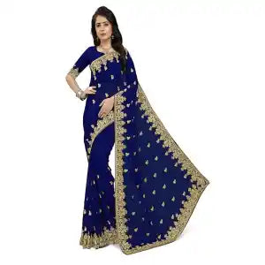 Self Design, Temple Border, Embroidered Bollywood Georgette Saree For Women - Blue | Fashion Georgette Saree For Women