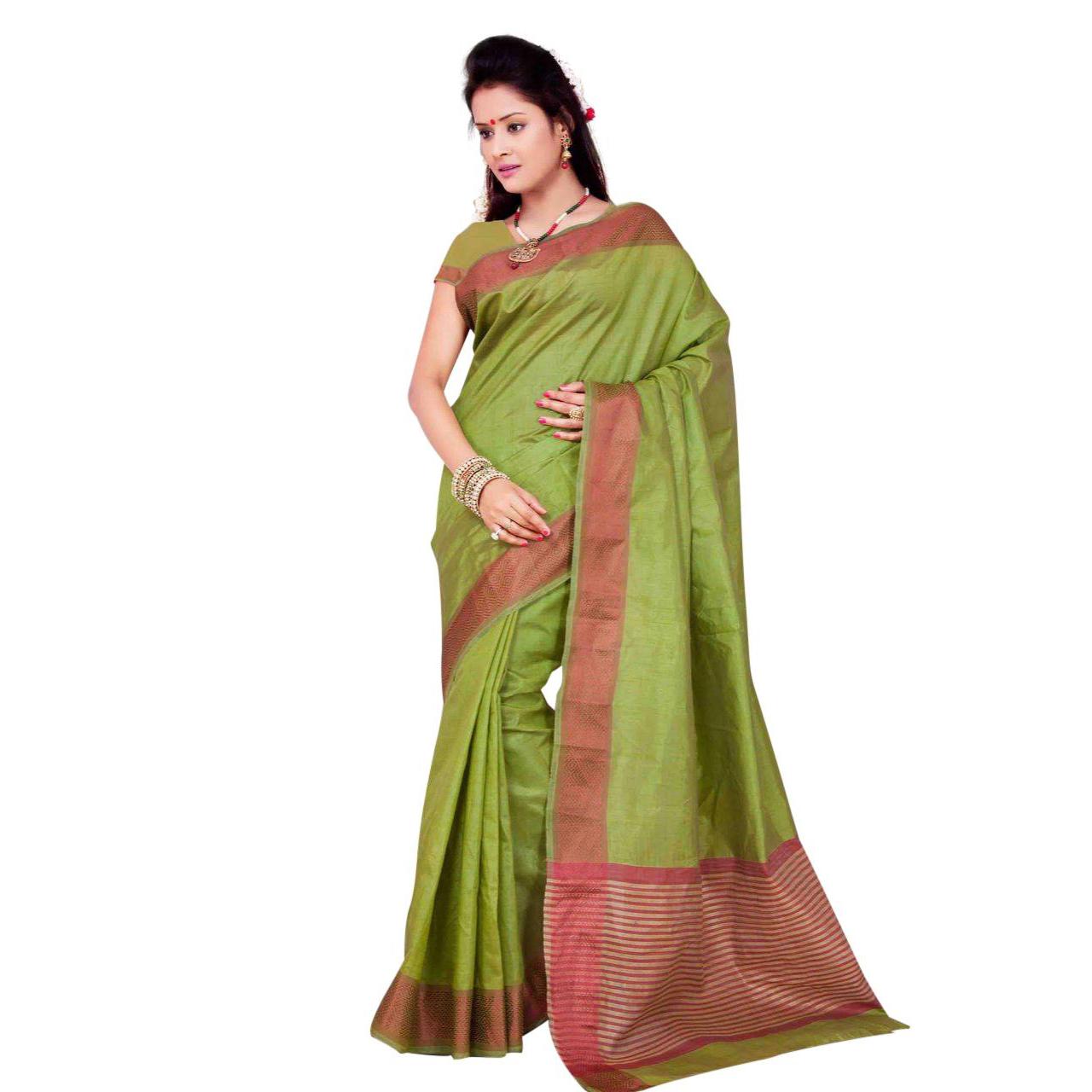 Green Plain Bordered Saree With Blouse Piece For Women